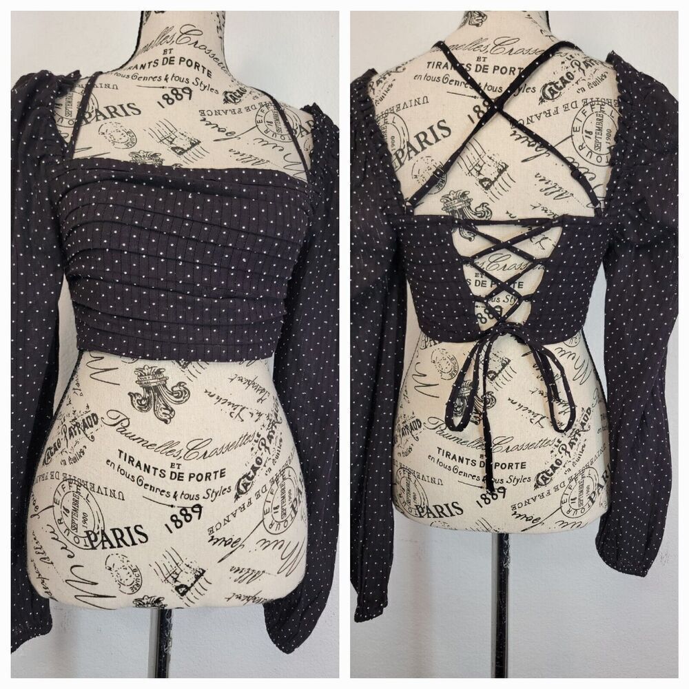tularosa Crop Top Sz XS Strong Shoulders Long Sleeves Polka Dots Whimsygoth